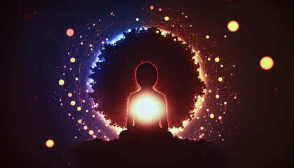 Wall Mural - astral yoga silhouette of human in cosmic space meditate. back view man practicing transcendental sp