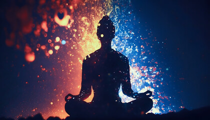 Wall Mural - astral yoga silhouette of human in cosmic space meditate. back view man practicing transcendental sp