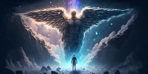 Wall Mural - astral silhouette of human in cosmic space meditate. back view man fly transcendental spiritual medi
