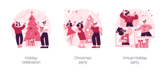 Poster - Winter holiday tradition abstract concept vector illustration set. Holiday celebration, christmas party, virtual holiday party, home decoration, corporate event, online greeting abstract metaphor.