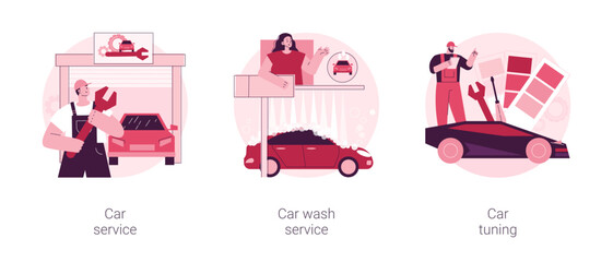 Poster - Vehicle maintenance business abstract concept vector illustration set. Car service, vehicle automatic wash, automobile style and design tuning, sports car repair, 24 hours service abstract metaphor.