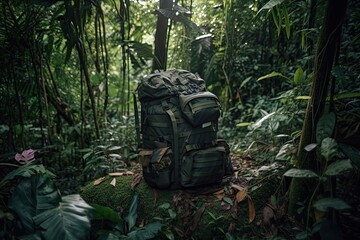 Wall Mural - military backpack in the middle of jungle, surrounded by greenery and wildlife, created with generative ai