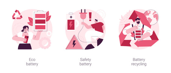 Poster - Eco charging solution abstract concept vector illustration set. Eco battery, smartphone battery safe use and recycling, energy storage technology, toxic waste, rechargeable power abstract metaphor.