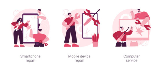 Poster - Gadget fixing abstract concept vector illustration set. Smartphone and electronic device repair, computer service, broken gadget, data recovery, screen replacement, diagnostics abstract metaphor.