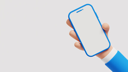 businessman character hand holding a phone with white screen. cartoon hand holding smartphone isolat