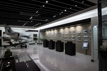 aviation company, showcasing its products and services in high-tech showroom, created with generative ai