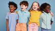 © Syntetic Dreams - A group of  cheerful multiethnic children hugging, posing smiling kids of different skin tones and nationalities, on blue background