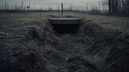 Poster - old open scary grave in the middle of nowhere, creepy, dark, movie photography, extremely detailed 4k, professional color grading, horror movie style, realistic, generative ai