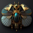 Egyptian scarab made of gold springs and wire stained glass. Fantasy scarab in 3d style illustration. Generative AI.