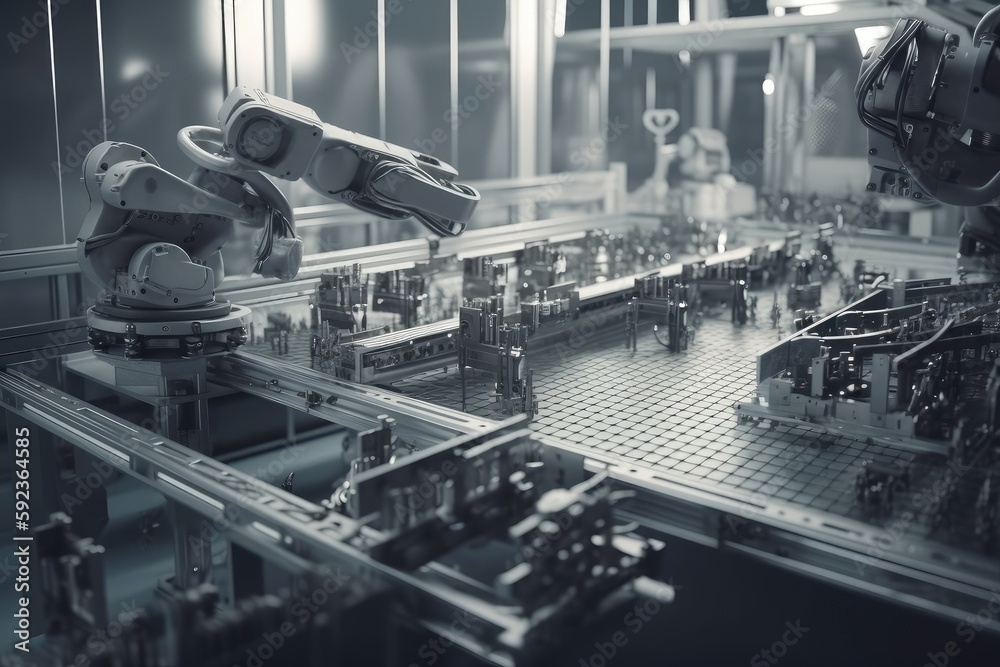 complex assembly line with intricate network of robotic arms and ...