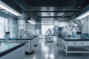 scientific laboratory, with robots moving equipment and materials around sterile room, created with generative ai