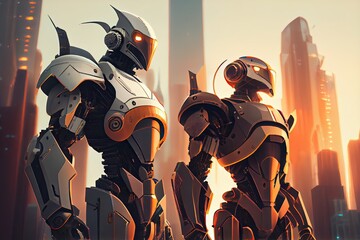 two sleek and modern robots standing in a futuristic city, surrounded by towering skyscrapers, created with generative ai