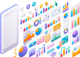 Poster - Large isometric set of business and financial icons. Cartoon diagrams and graphs for creating vector business illustrations