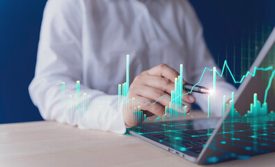 Analyzing stock graphs and financial charts, investors strategize for profit, growth, and success in banking and trading, while assessing risks, trends and the future of currency and economic markets.