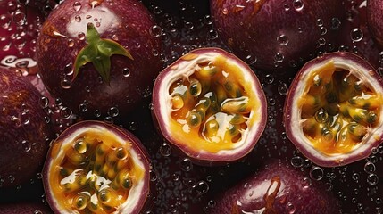 Wall Mural - Fresh passion fruit with water drops on black background. Close up