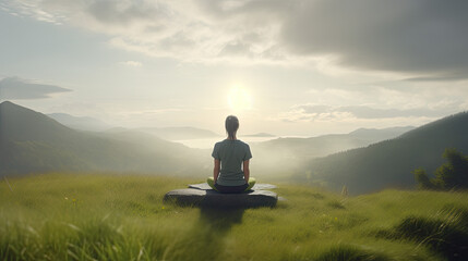 A woman meditating on top of a mountain