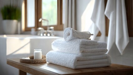 Stack of clean white towels in bathroom