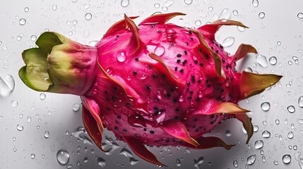 Wall Mural - Fresh dragon fruit with, pitahaya water drops on white background. Close up