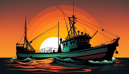 AI Generated. AI Generative. Fishing boat at sunset sea ocean. Can be used for graphic design or home decor. Graphic Art Illustration.