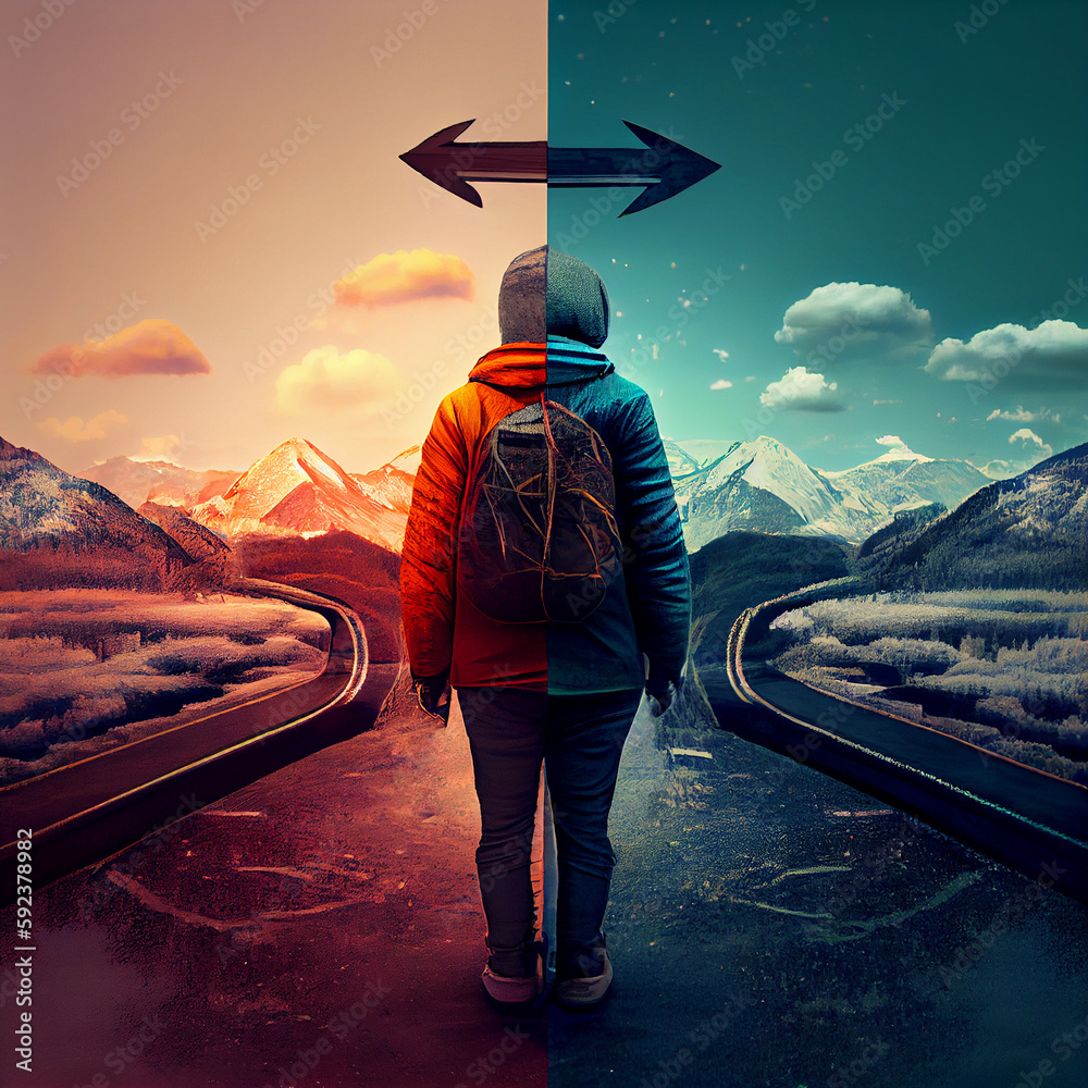 Life junction road,  choosing a new direction, changing lifestyle, looking forward to an opportunity and vision, generative AI
