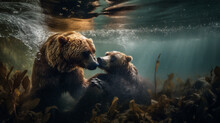 Brown Bear With Bear Cub Playing And Swimming Under Water, Wildlife, Nature Animals, Generative AI