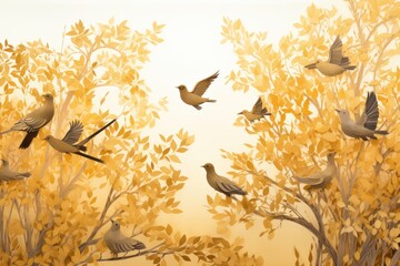 Wall Mural - Autumn background with yellow leaves and birds. Generative AI