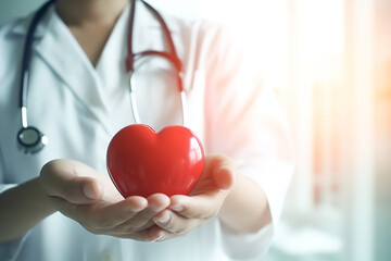 Doctor's hand holding a red heart shape in a hospital. love, donor, world heart day, health,insurance concept. ai generative