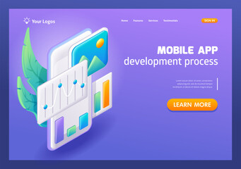 Aufkleber - 3D Isometric, cartoon. Social media app. Smm concept. Mobile application development process. Trending Landing Page
