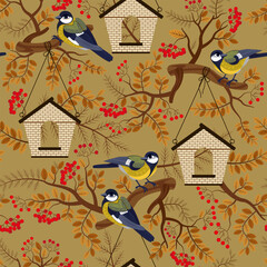 Wall Mural - seamless pattern bright autumn berries and birds