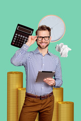 Aufkleber - Vertical creative collage illustration 3d photo of successful man hold tablet counting money earned isolated on colorful background