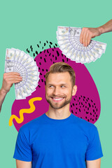 Aufkleber - Creative retro 3d magazine collage image of happy smiling guy getting cash isolated painting background