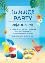 Vector Summer Beach Party Flyer Design with typographic elements on blue cloudy sky background. Summer nature floral elements, tropical plants, flower, beach ball, surf board and sunshade. Design