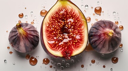 Wall Mural - Fresh, juicy ripe fig fruits slices with water drops on gray background. Close up