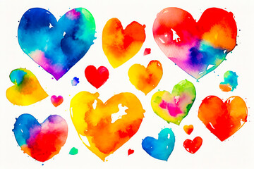 Canvas Print - Group of colorful hearts painted in watercolor on white sheet of paper. Generative AI.