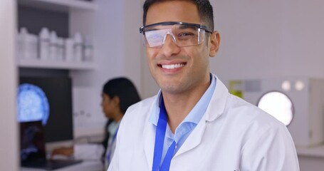 Poster - Scientist in laboratory, man with smile and computer, science study for medical research with scientific innovation. Male working in lab, safety goggles and portrait, digital test results and biotech