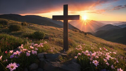 Religious Cross on the mountain at sunset. Landscape with flowers and a cross.