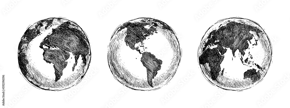 Globe sketch. Hand drawn earth planet with continents and oceans ...