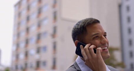 Aufkleber - Business phone call, city communication and happy man talking, networking or speaking on smartphone conversation. Mobile discussion, agent walking and commuting person consulting with travel contact
