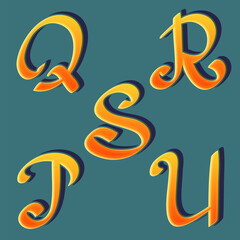 Fototapete - Q, R, S, T, U calligraphic yellow orange letters. Cartoon artistic font.