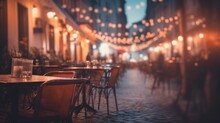  A Street With Tables And Chairs And Lights Strung Over The Street And Buildings In The Background At Night With People Walking Down The Street At Night.  Generative Ai