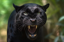 Angry Black Panther With Ears Back And Showing Teeth Looking At Camera.