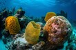 Micronature and Landscape Sea sponges, diverse shapes, vibrant colors, porous texture, unique patterns, underwater environment, coral reef, diverse marine life 3 - AI Generative