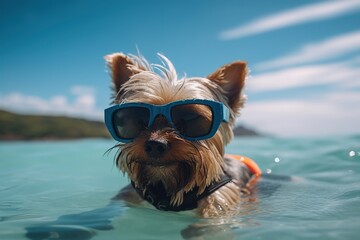 Wall Mural - Yorkshire Terrier in sun goggles on blue water. Generative AI.