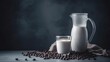  a pitcher of milk next to a glass of milk on a table with coffee beans on the table and on the table is a jug of milk.  generative ai