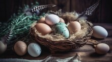  A Basket Filled With Eggs Sitting On Top Of A Wooden Table Next To Feathers And A Feather Quill On Top Of A Wooden Table.  Generative Ai