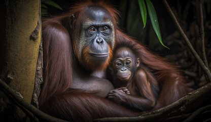  a mother oranguel and her baby in a tree in the jungle, looking at the camera with a serious look on their face.  generative ai