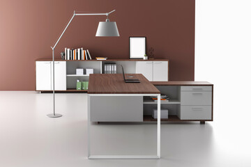 Canvas Print - 3D render interior design Office Room . Office desks without office chairs