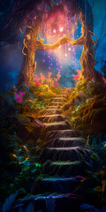 Wall Mural - Ancient stairway to a hidden place in the magic forest, misty twilight atmosphere, bright lights and colorful foliage - generative AI