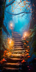 Wall Mural - Ancient stairway to a hidden place in the magic forest, misty twilight atmosphere, bright lights and colorful foliage - generative AI