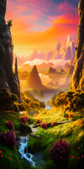 Wall Mural - Fantasy paradise valley landscape with a river and trees, sunrise atmosphere with mist and clouds - generative AI